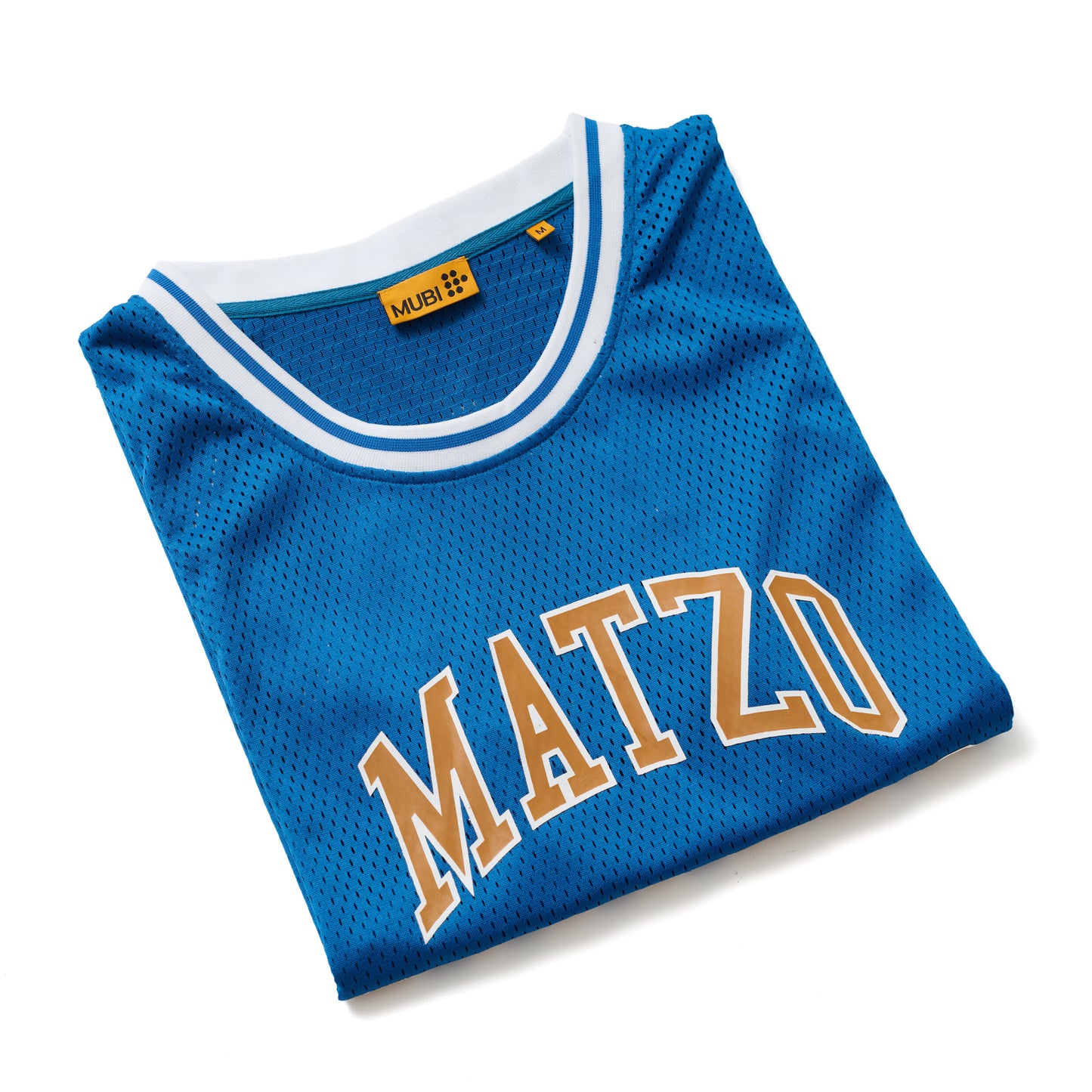 Blue jersey folded with 'MATZO' printed on it, featuring a MUBI label.
